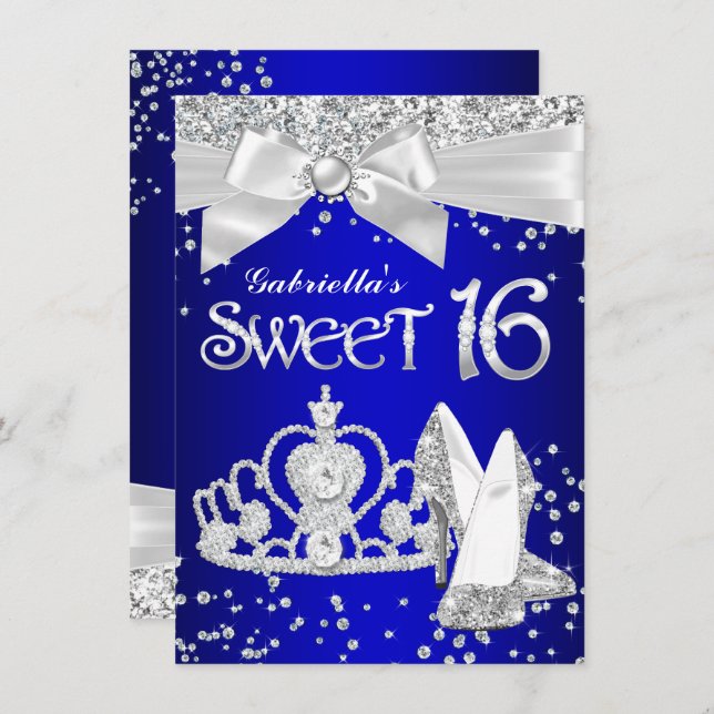 Royal Blue Sparkle Tiara Heelses Sweet 16 Party Einladung (Vorne/Hinten)
