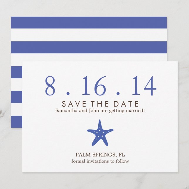 Royal Blue Starfish Wedding Save the Date Einladung (Vorne/Hinten)