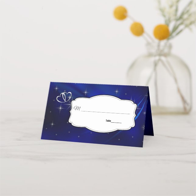 Royal Blue Stars & Silver Hearts Wedding Platzkarte (Vorderseite)