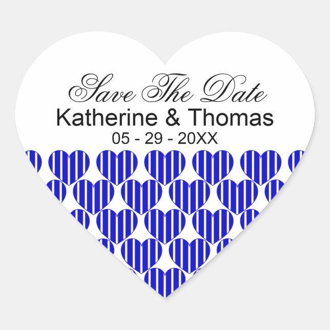 Royal Blue Striped Hearts Save the Date Stickers (Vorderseite)