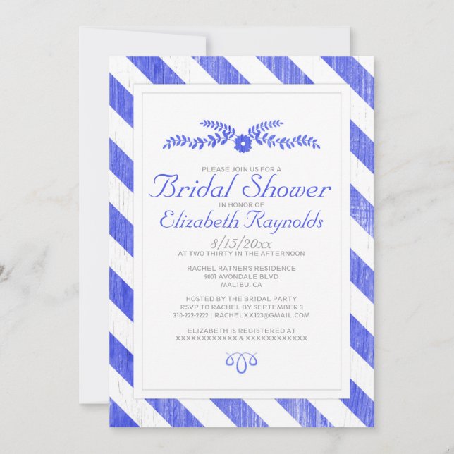 Royal Blue Stripes Bridal Dusche Einladung (Vorderseite)