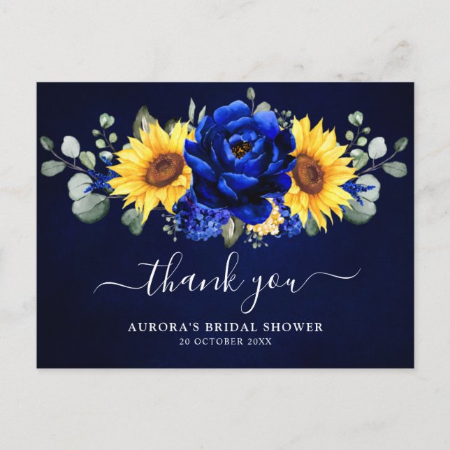 Royal Blue Sunflower Brautparty Danke, Postc Postkarte (Vorderseite)