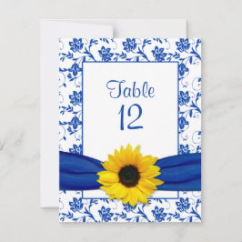 Royal Blue Sunflower Damask Wedding Table Card Dankeskarte