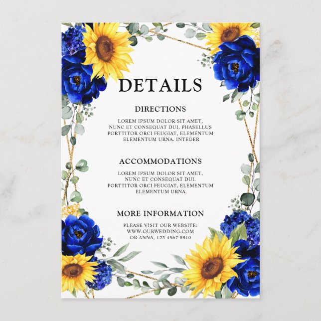Royal Blue Sunflower Geometric Wedding Details Begleitkarte (Vorderseite)