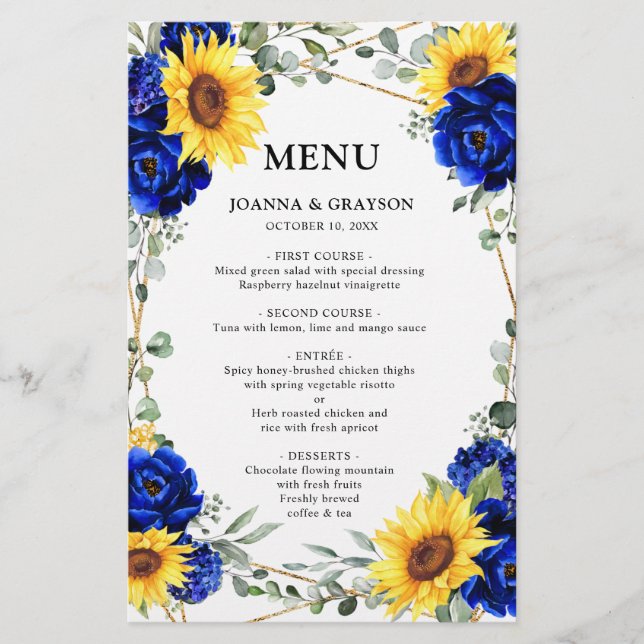 Royal Blue Sunflower Geometric Wedding Menu (Vorderseite)