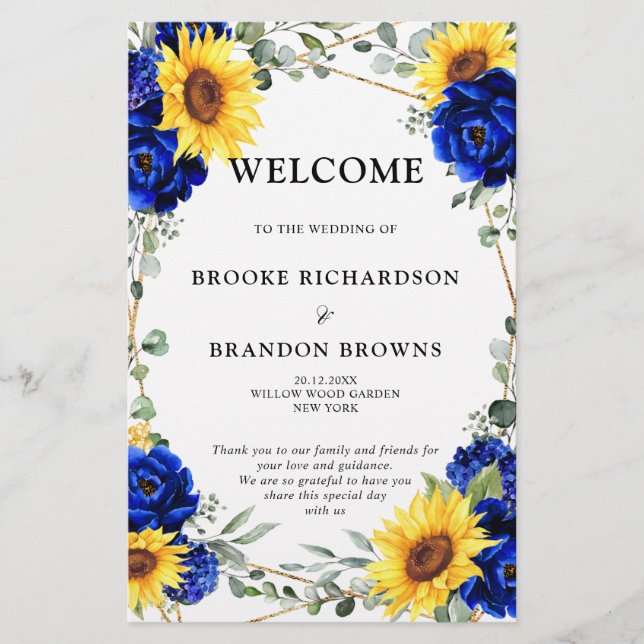 Royal Blue Sunflower Geometric Wedding Program (Vorderseite)
