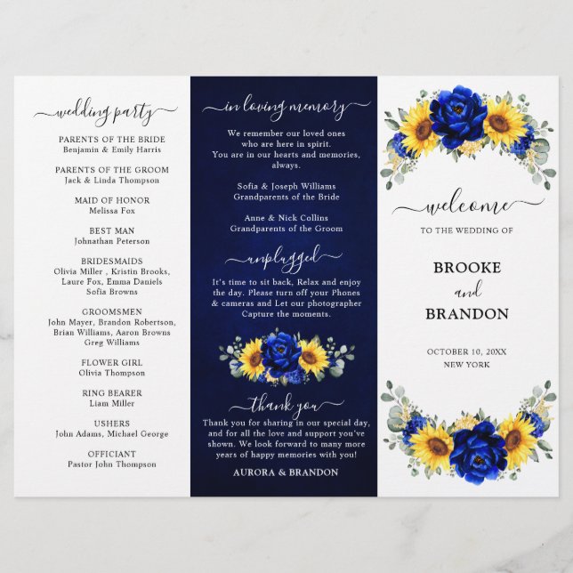 Royal Blue Sunflower Wedding Dreifach Programmkart (Vorderseite)