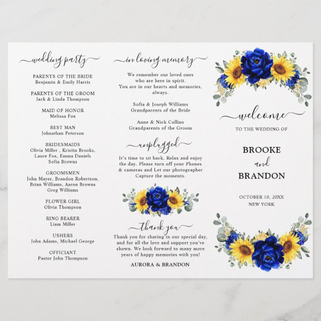 Royal Blue Sunflower Wedding Dreifach Programmkart (Vorderseite)