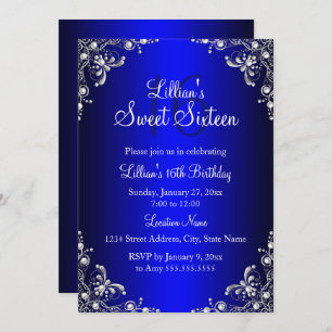 Royal Blue Sweet 16 Silver Pearl Damask Einladung