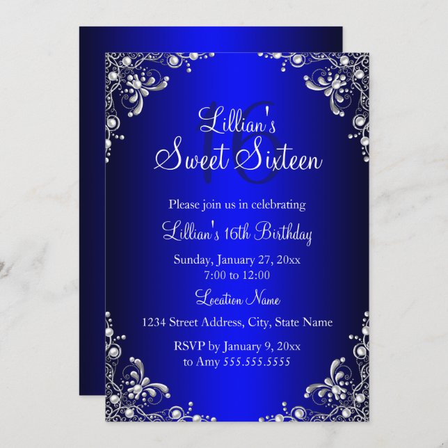 Royal Blue Sweet 16 Silver Pearl Damask Einladung (Vorne/Hinten)