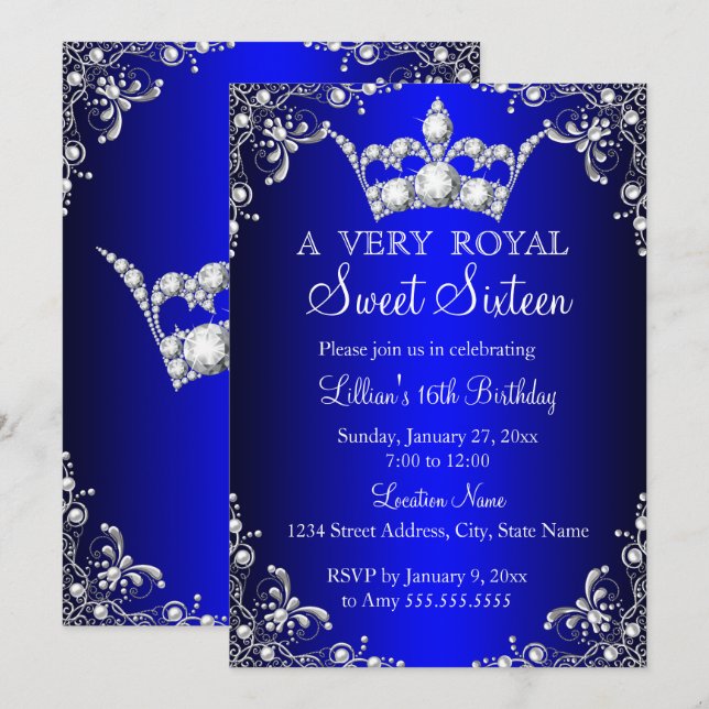 Royal Blue Sweet 16 Silver Pearl Damask Krone Einladung (Vorne/Hinten)