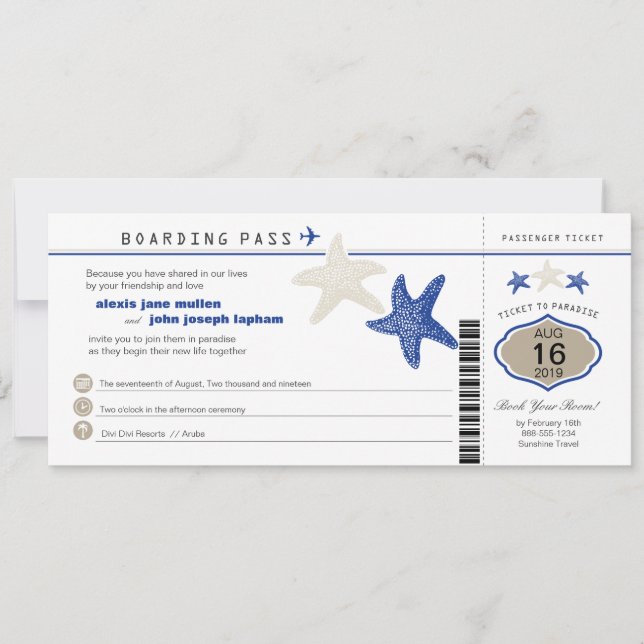 Royal Blue Tan Starfish Boarding Pass Hochzeit Einladung (Vorderseite)