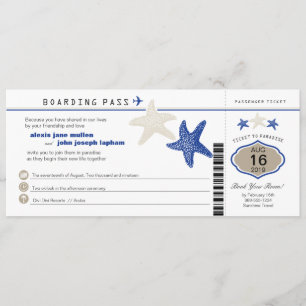 Royal Blue Tan Starfish Boarding Pass Hochzeit Einladung