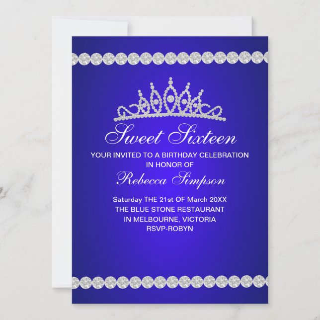 Royal Blue Tiara 16 . Geburtstag Einladung zum Geb (Vorderseite)
