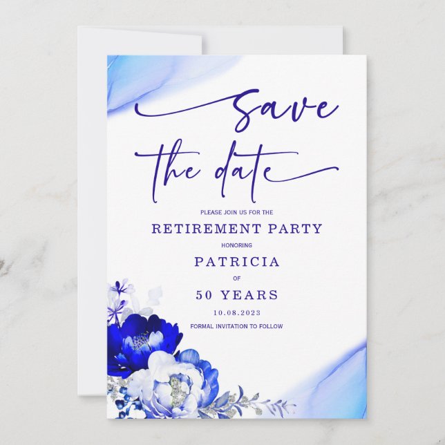 Royal Blue und Dusty Blue Retirement Save the Date Einladung (Vorderseite)