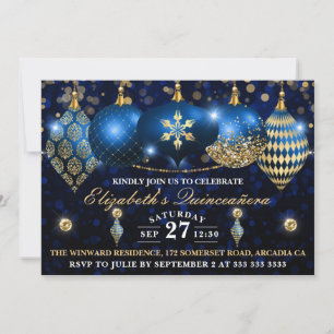Royal Blue und Gold Christmas Baubles Quinceañera Einladung