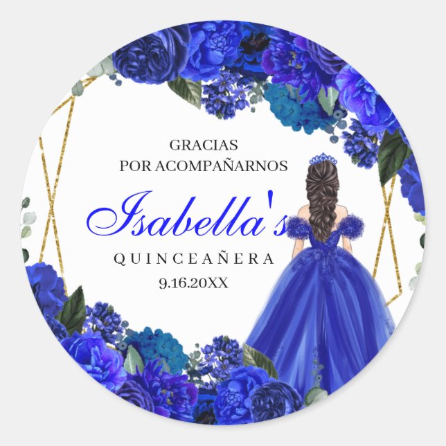 Royal Blue und Gold Floral Quinceanera Runder Aufkleber (Vorderseite)