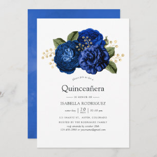Royal Blue und Gold Floral Quinceñera Einladung