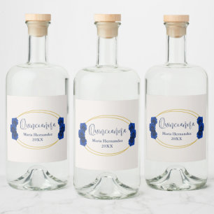 Royal Blue und Gold Geometric Quinceñera Alkoholflaschenetikett