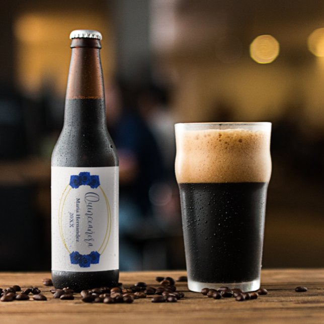 Royal Blue und Gold Geometric Quinceñera Bierflaschenetikett (Von Creator hochgeladen)