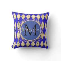 Royal Blue und Gold Glam Monogram Throw Pillow