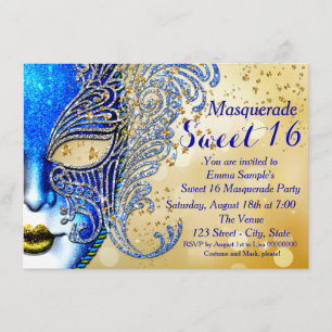 Royal Blue und Gold Sweet 16 Masquerade Party Einladung