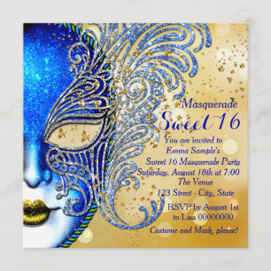 Royal Blue und Gold Sweet 16 Masquerade Party Einladung