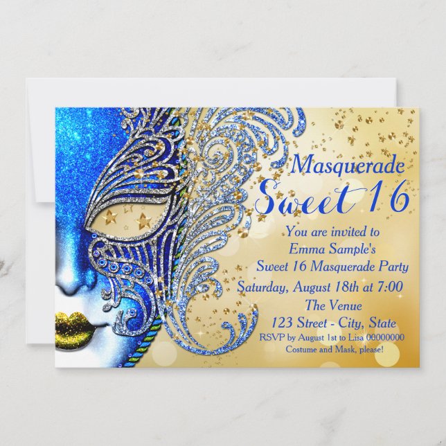 Royal Blue und Gold Sweet 16 Masquerade Party Einladung (Vorderseite)