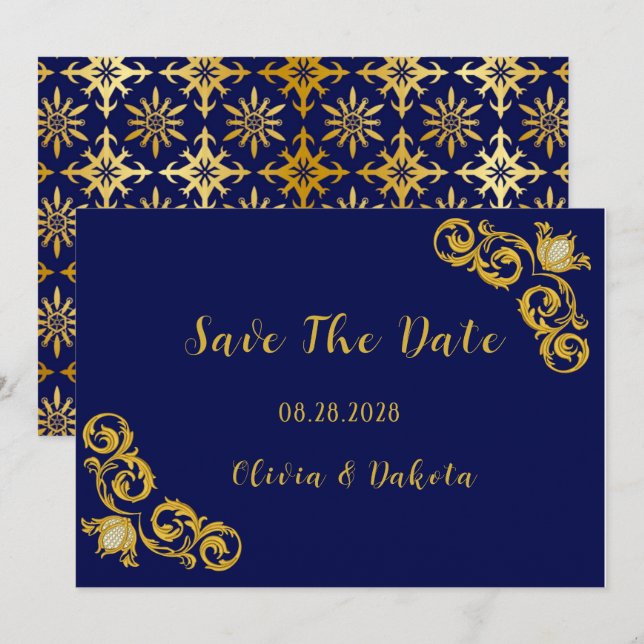 Royal Blue und Gold Wedding speichern die Datumska Einladung (Vorne/Hinten)