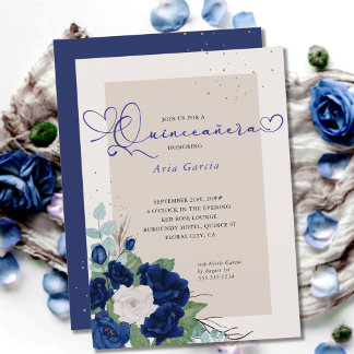 Royal Blue und Ivory Rose Elegante Quinceanera Einladung