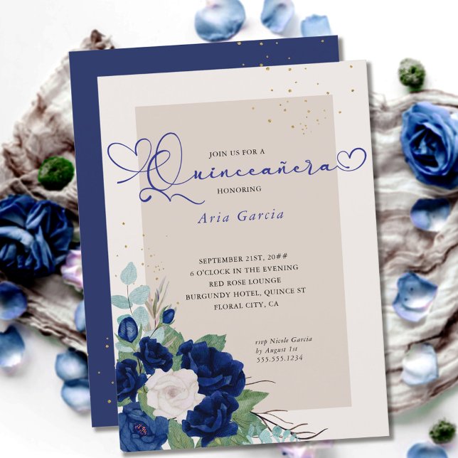 Royal Blue und Ivory Rose Elegante Quinceanera Einladung (Von Creator hochgeladen)