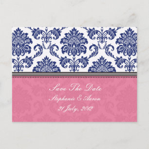 Royal Blue und PInk Damask Save the Date Ankündigungspostkarte