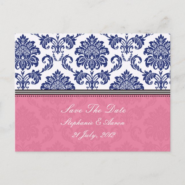 Royal Blue und PInk Damask Save the Date Ankündigungspostkarte (Vorderseite)