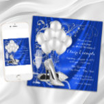 Royal Blue und Silver Birthday Party Einladung<br><div class="desc">Königlich blaue und silberne Geburtstagsfeier mit schönen silbernen Glitzer-High-Heel-Schuhen, Ballons, Champagnerperlen und eleganten silbernen Wirbel auf luxuriösem königsblauen Satin-Hintergrund. Diese elegante, blau-silberne Geburtstagsfeier-Einladung lässt sich leicht an Ihre Veranstaltung anpassen, indem Sie einfach Ihre Details in den Schriftart-Stil und Farbe, Wortlaut und Layout Ihrer Wahl einfügen. Sie können auch die Wirbel,...</div>