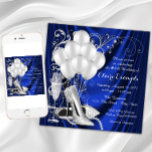 Royal Blue und Silver Birthday Party Luxe Einladung<br><div class="desc">Königlich blaue und silberne Geburtstagsfeier mit schönen silbernen Glitzer-High-Heel-Schuhen, Ballons, Champagnerperlen und eleganten silbernen Wirbel auf luxuriösem königsblauen Satin-Hintergrund. Diese elegante, blau-silberne Geburtstagsfeier-Einladung lässt sich leicht an Ihre Veranstaltung anpassen, indem Sie einfach Ihre Details in den Schriftart-Stil und Farbe, Wortlaut und Layout Ihrer Wahl einfügen. Sie können auch die Wirbel,...</div>