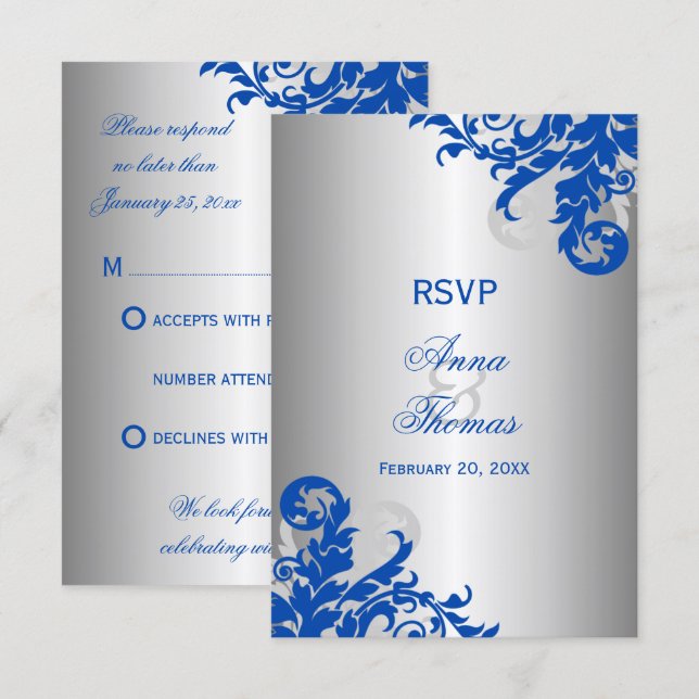 Royal Blue und Silver Blüh Wedding RSVP (Vorne/Hinten)