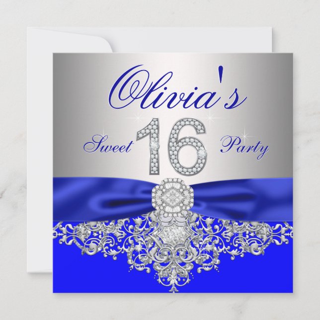 Royal Blue und Silver Diamond Sweet 16 Party Einladung (Vorderseite)