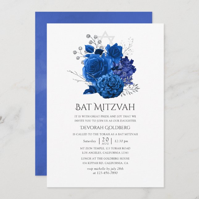 Royal Blue und Silver Floral Bat Mitzvah Einladung (Vorne/Hinten)