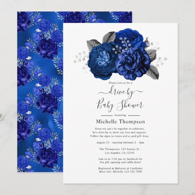 Royal Blue und Silver Floral Drive By Shower Einladung (Vorne/Hinten)