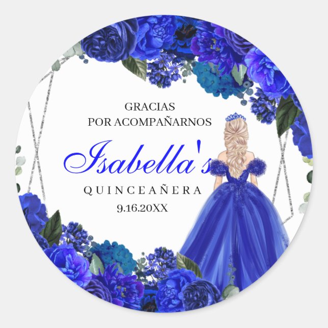 Royal Blue und Silver Floral Quinceanera Classic R Runder Aufkleber (Vorderseite)