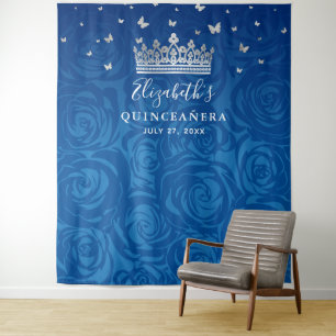 Royal Blue und Silver Floral Quinceanera Foto Wandteppich