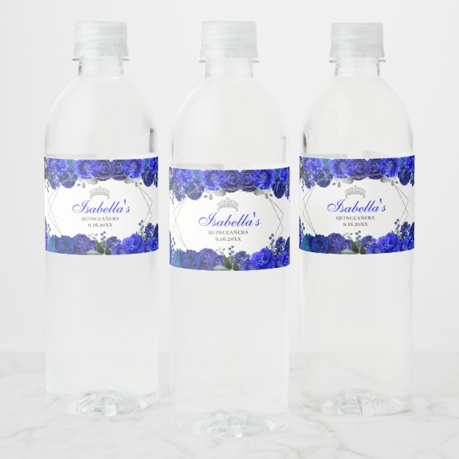 Royal Blue und Silver Floral Quinceanera Wasserflaschenetikett (Flaschen)