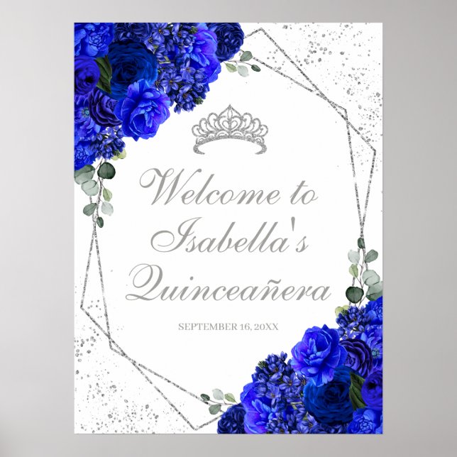 Royal Blue und Silver Floral Quinceanera Willkomme Poster (Vorne)