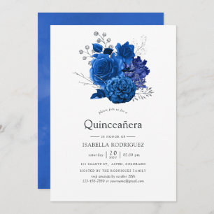 Royal Blue und Silver Floral Quinceñera Einladung