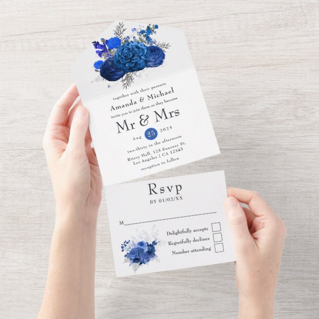 Royal Blue und Silver Floral Wedding All In One Einladung (Abreißen)