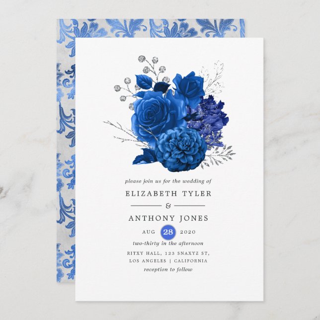 Royal Blue und Silver Floral Wedding Einladung (Vorne/Hinten)