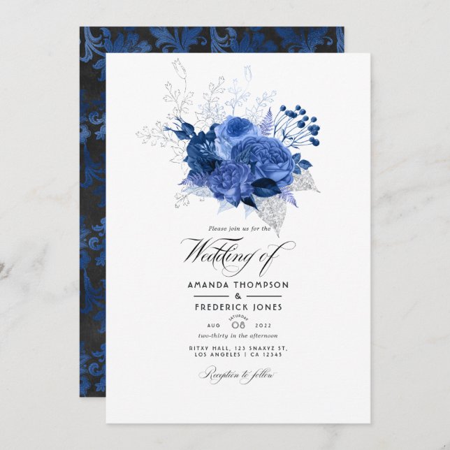 Royal Blue und Silver Floral Wedding Foto Einladung (Vorne/Hinten)
