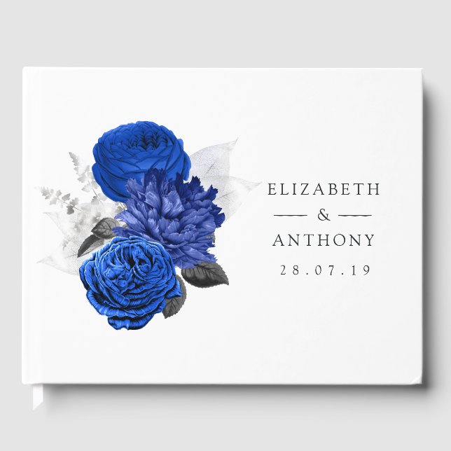 Royal Blue und Silver Floral Wedding Gästebuch (Vorderseite)