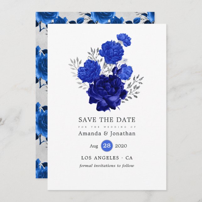Royal Blue und Silver Floral Wedding Save The Date (Vorne/Hinten)