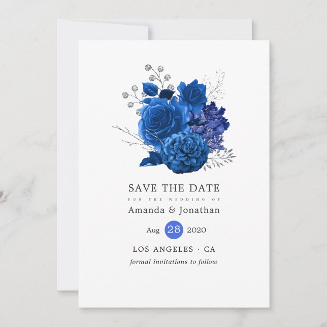 Royal Blue und Silver Floral Wedding Save The Date (Vorderseite)